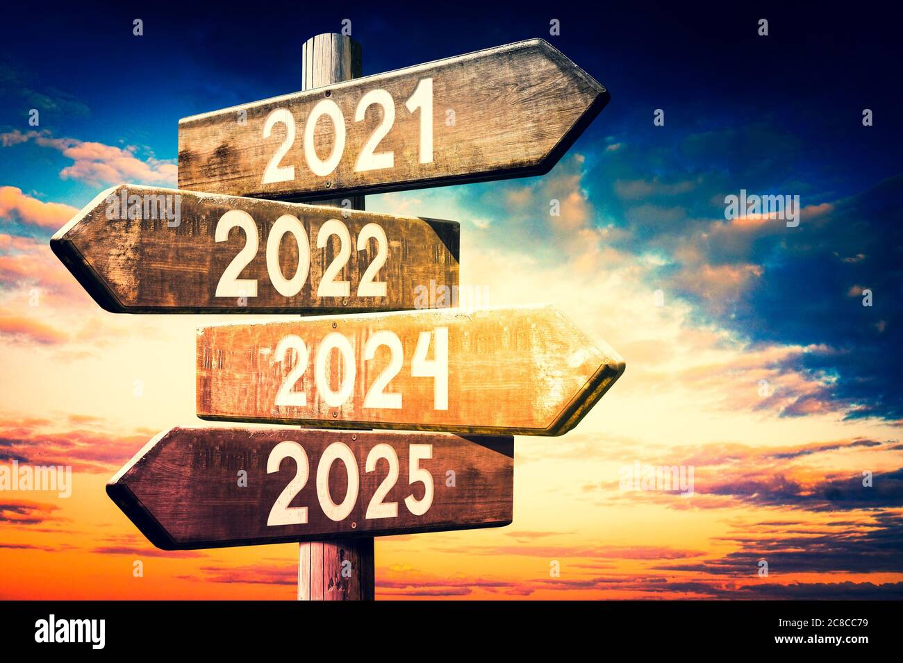 2021, 2022, 2024, 2025 wooden signpost, roadsign with four arrows