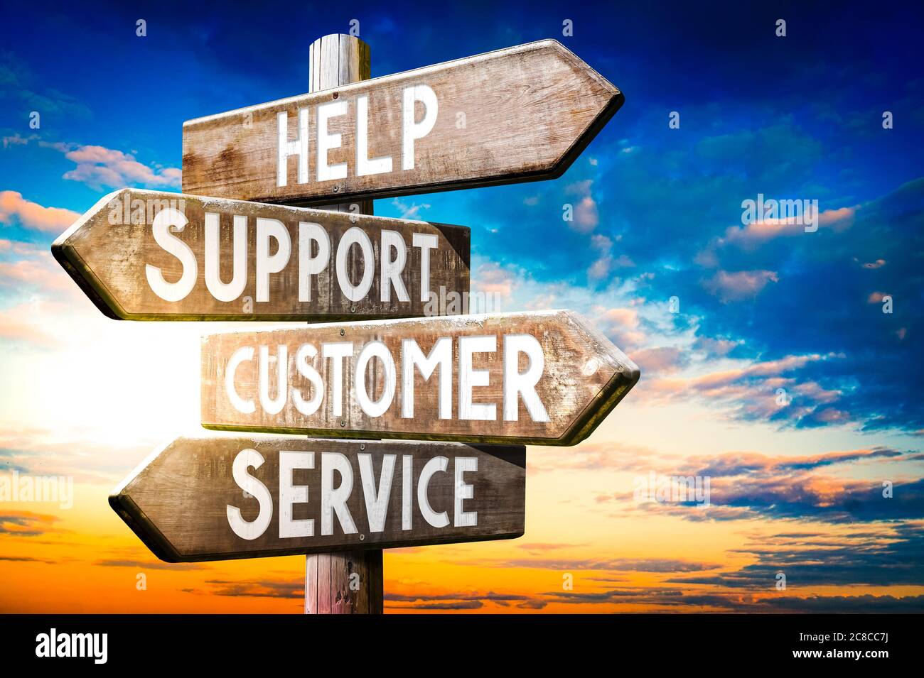 Help, support, customer, service wooden signpost, roadsign with four