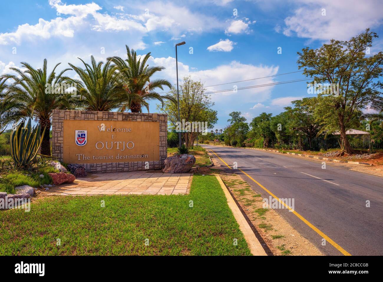 Outjo, Namibia - April 4, 2019 : Welcome to Outjo road sign situated at the entry of the city near Etosha National Park. Stock Photo