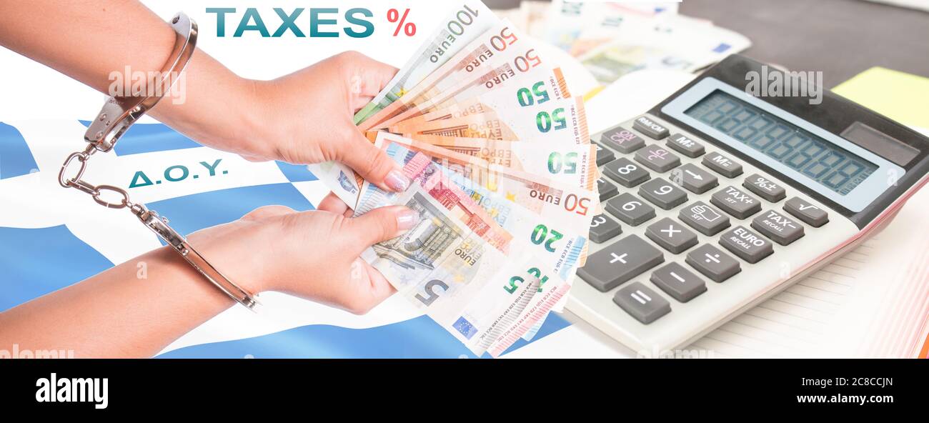 Business and tax concept Greece. Pay tax in 2019 year. Greek Financial
