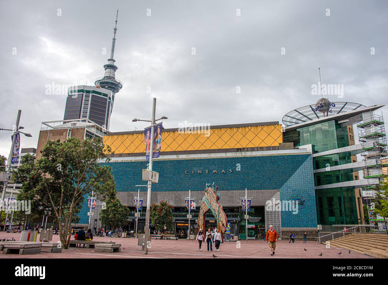 Event Cinemas Queen Street Auckland with th sky tower and skyline Stock