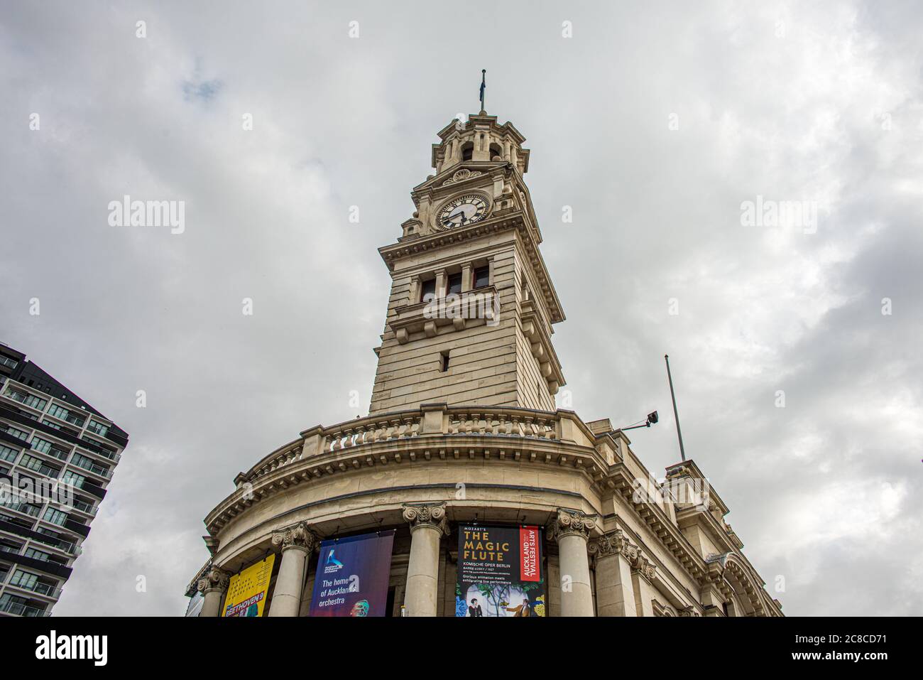 Auckland Town Hall building, and clock tower in Aotea Square, Queen