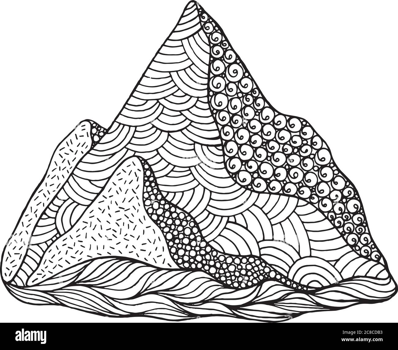 Doodle mountain coloring page. Cartoon artwork with nature eleme Stock Vector