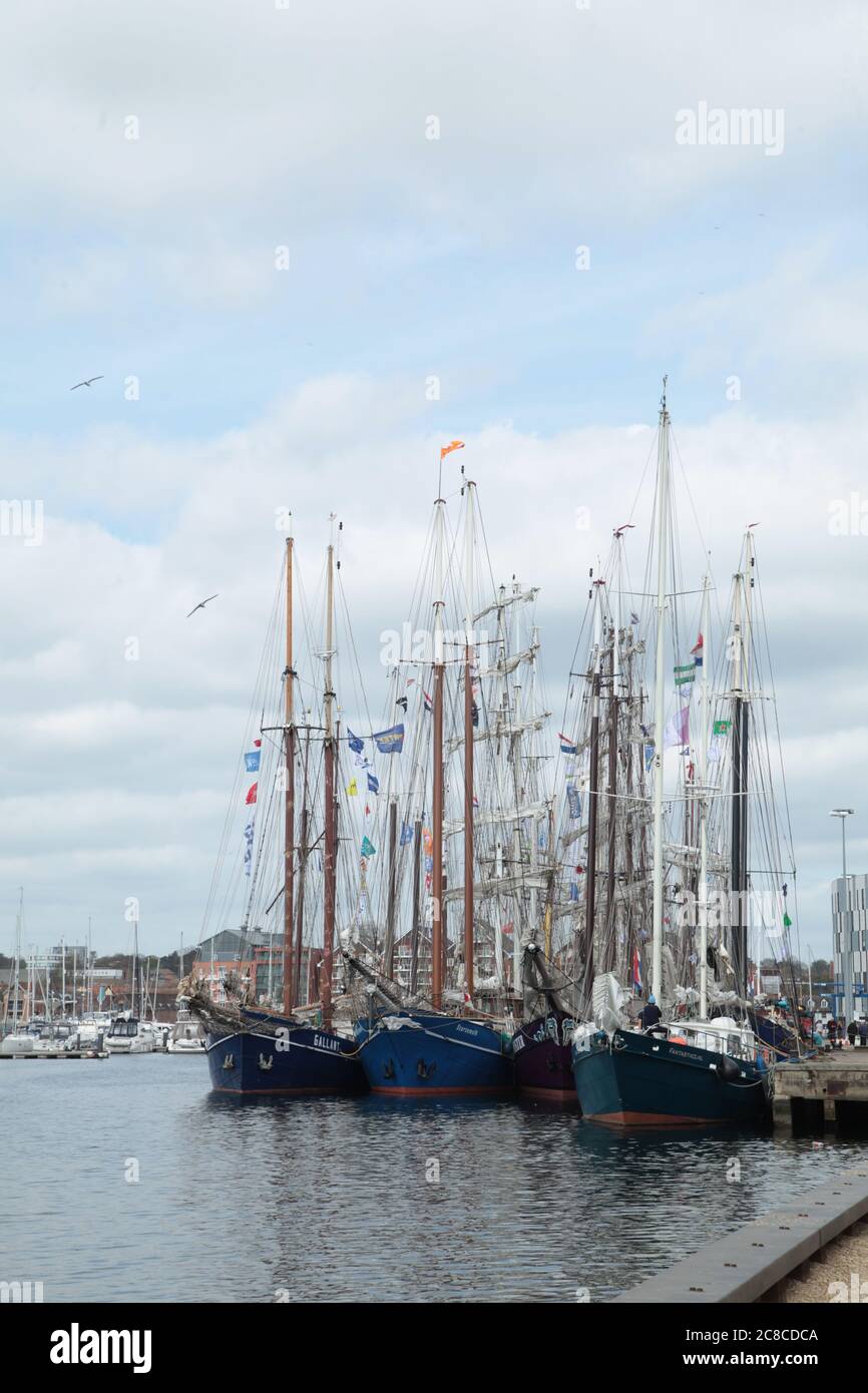 Ipswich Wet Dock with vintage sailing ships moored. Stock Photo