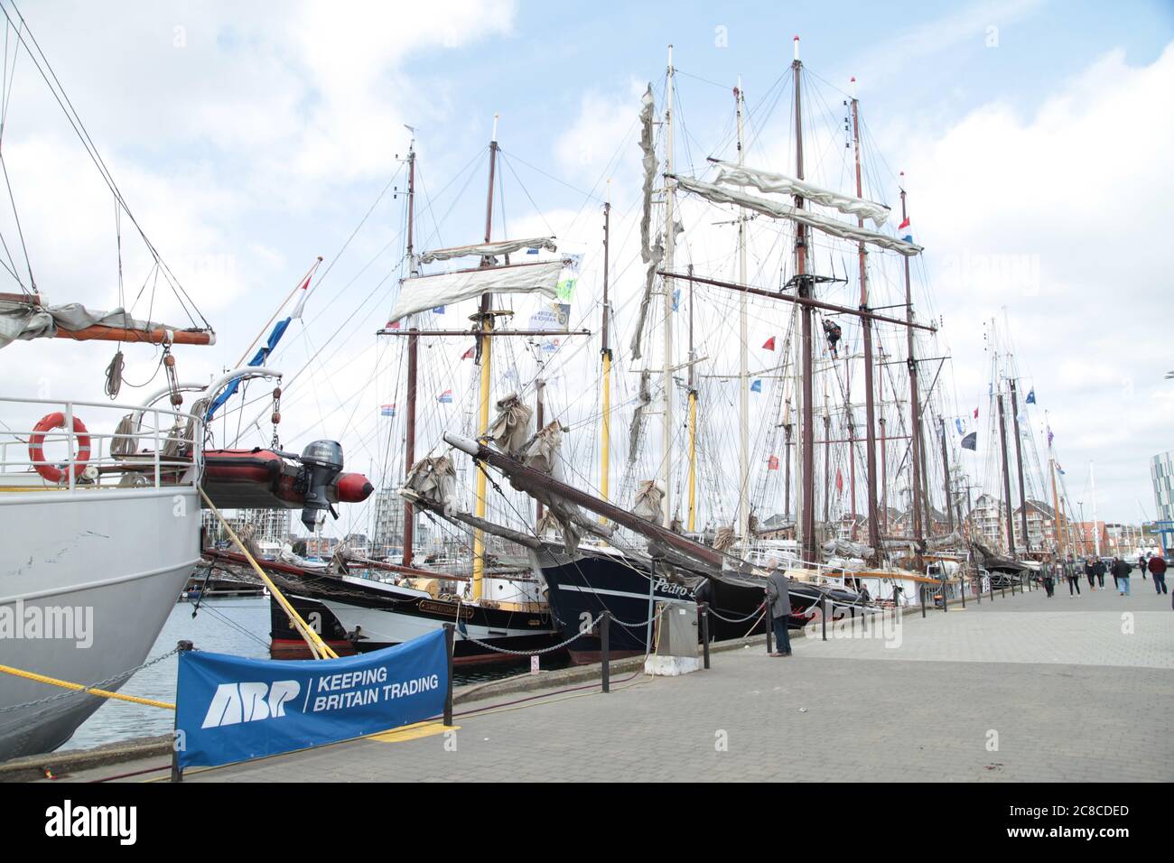Ipswich Wet Dock with vintage sailing ships moored. Stock Photo