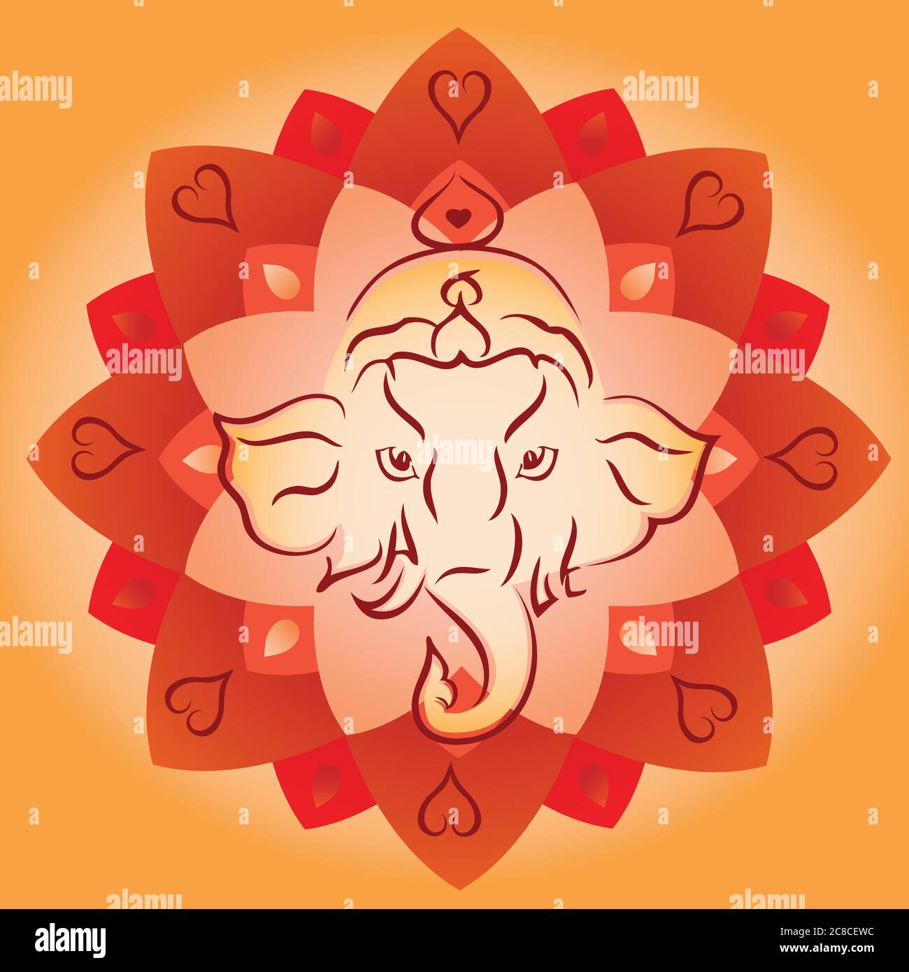 Ganesh Head on Lotus Mandala Background - Red Orange Colors Stock Vector