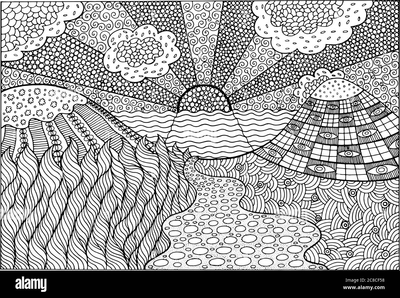 Doodle Surreal Landscape Coloring Page For Adults Fantastic G Stock Vector Image Art Alamy