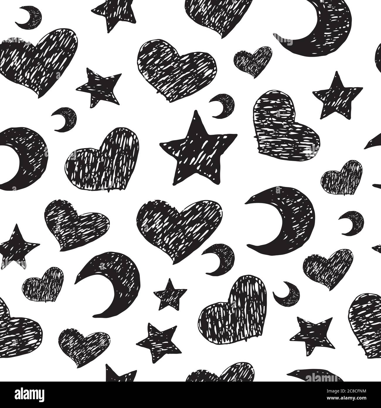 Doodle seamless pattern with stars, moons and hearts. Hand drawn Stock ...