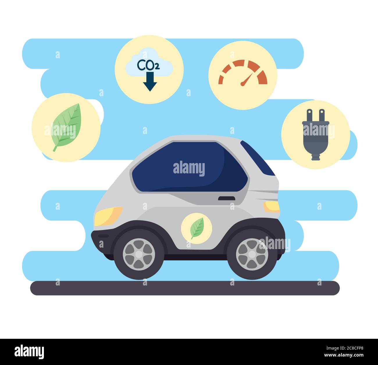 environmentally friendly concept, electric car, with benefit icons of
