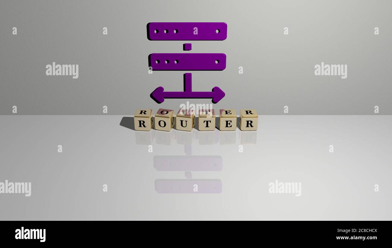 3D representation of ROUTER with icon on the wall and text arranged by ...