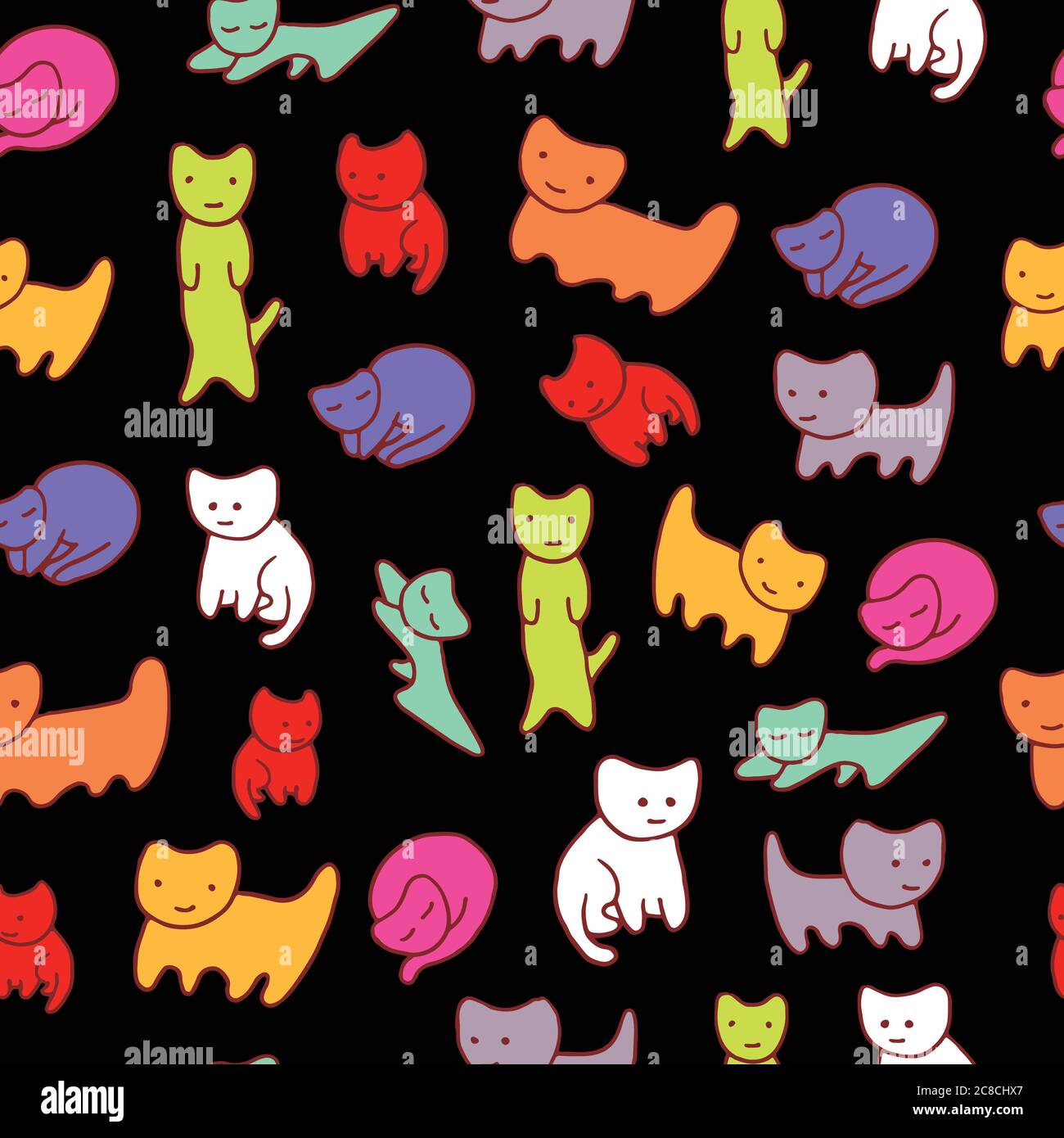 Doodle kittens seamless pattern with black background. Hand draw Stock Vector