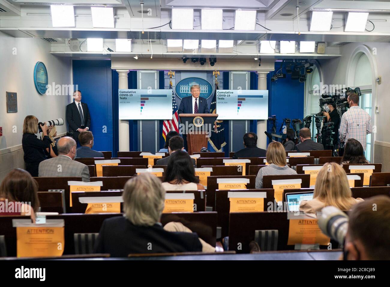 WASHINGTON DC, USA - 21 July 2020 - US President Donald J. Trump delivers remarks and answers questions from members of the press during a COVID-19 Co Stock Photo