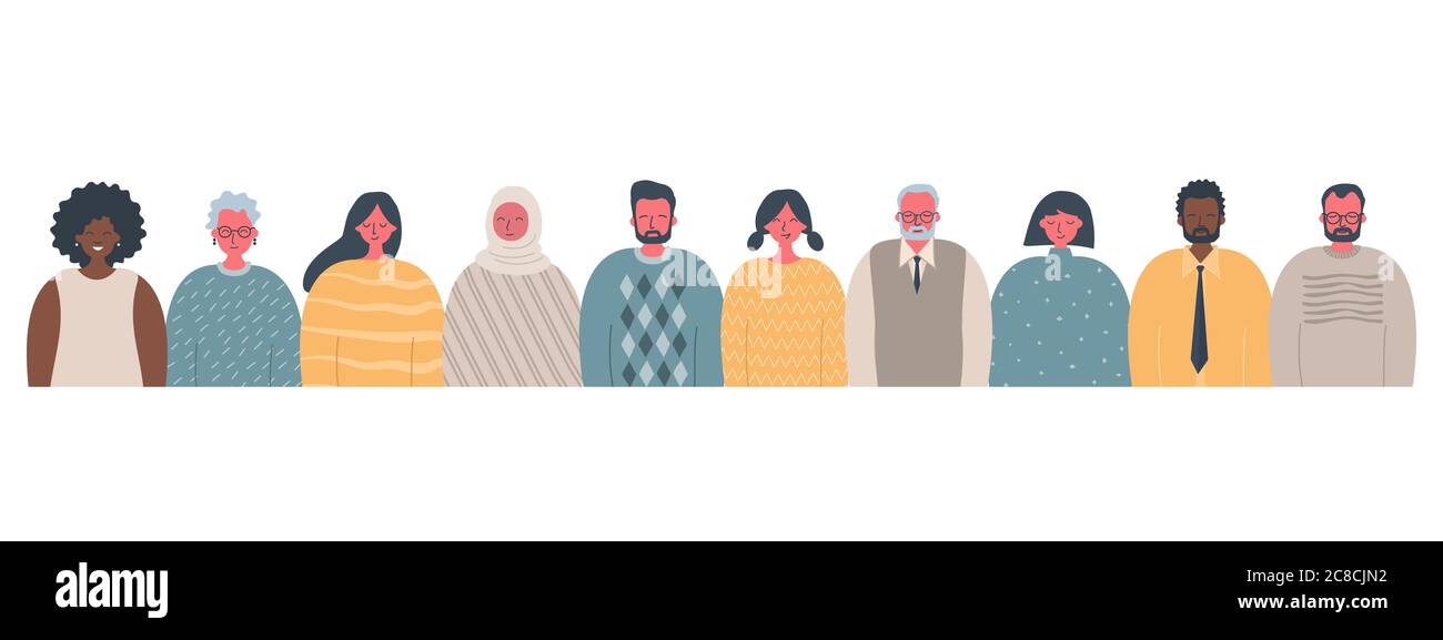 Community of people of different sexes, races and ages. International group of people. There are women, men, older people and young people in image Stock Vector