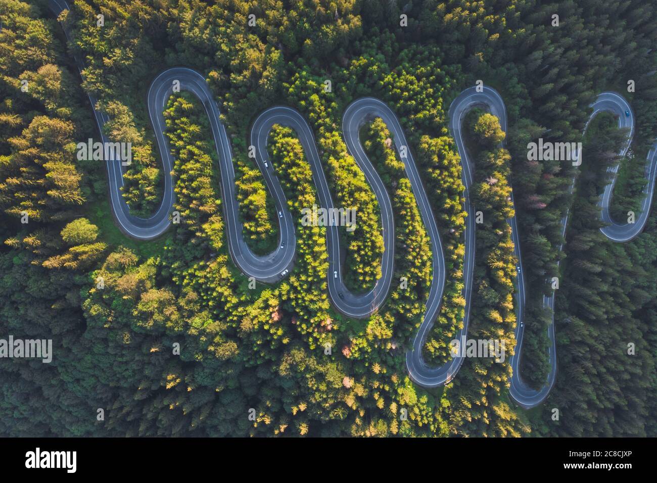 Aerial landscape of mountain winding road, in Transylvania Stock Photo