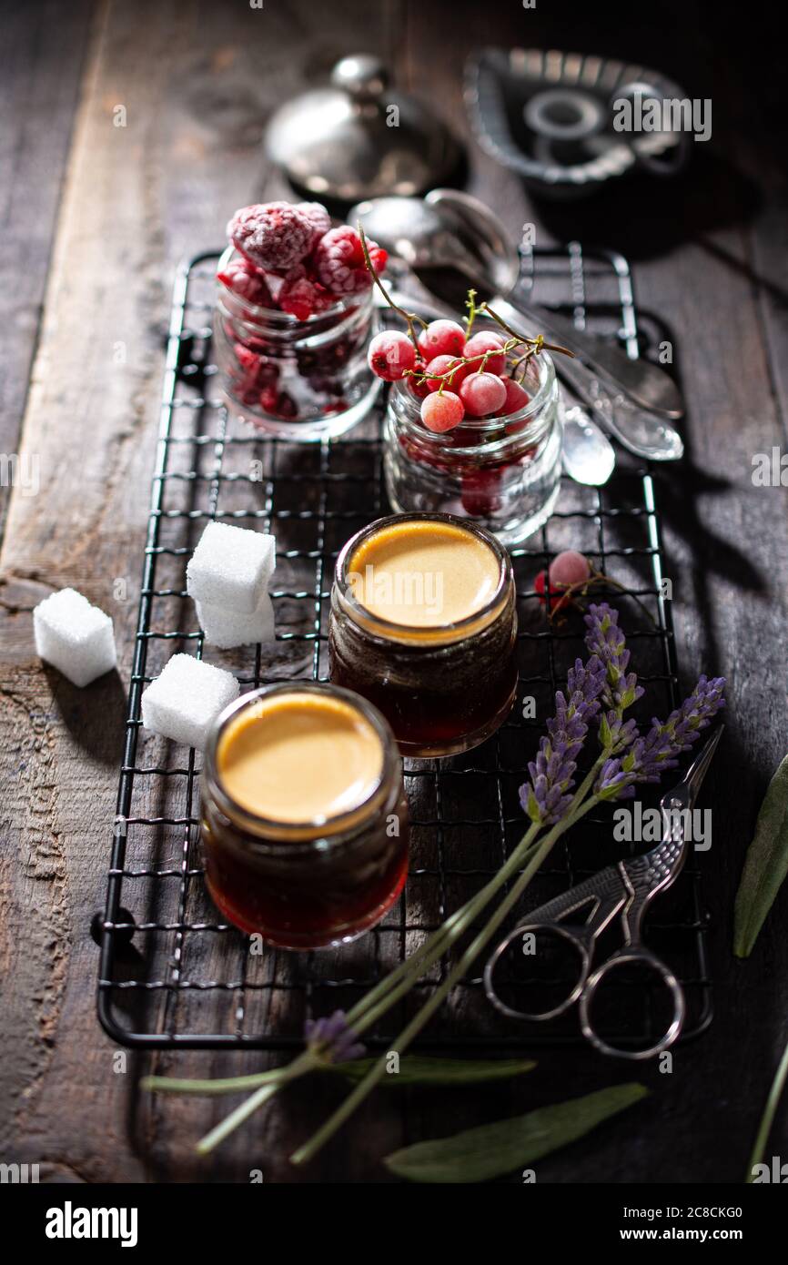 Morning espresso with fruit.Healthy breakfast.Delicious food and coffee.Dark photo. Stock Photo