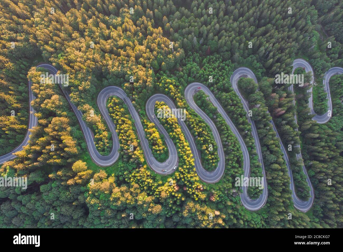Aerial landscape of mountain winding road, in Transylvania Stock Photo