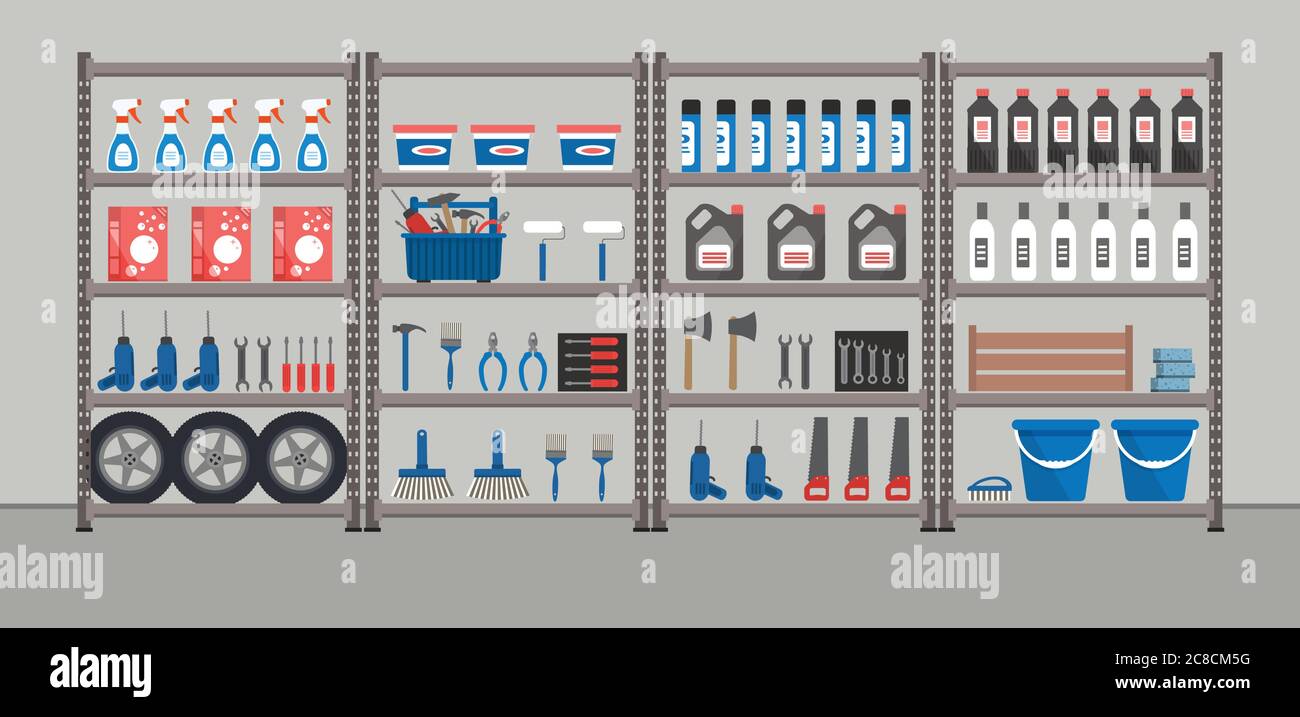 Shelving with household goods. Warehouse racks. Storeroom. There are