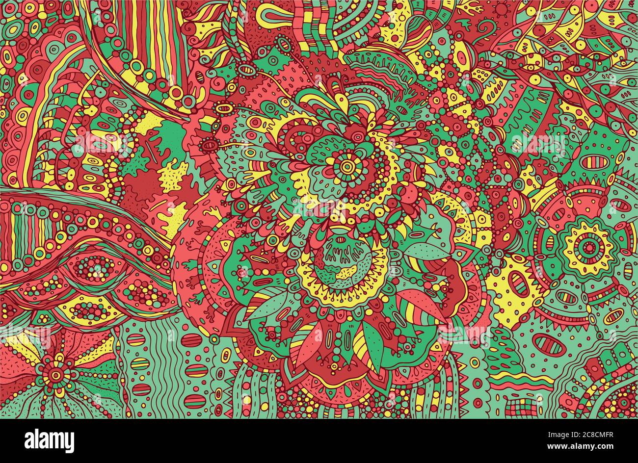 Psychedelic colorful doodle background. Hand drawn pattern with Stock Vector