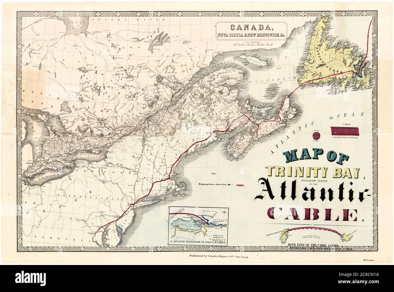 Map of Trinity Bay, Newfoundland, the Telegraph Station of the Transatlantic Cable across the Atlantic Ocean, 1858 Stock Photo