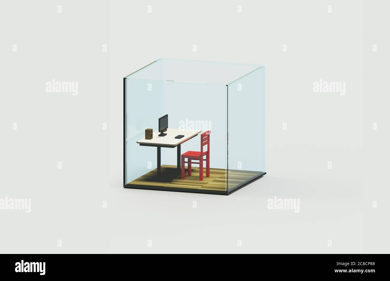 Social isolation and distancing concept. Working table with desktop PC computer behind the glass cube walls. 3d illustration new normal. Freelancing. Stock Photo