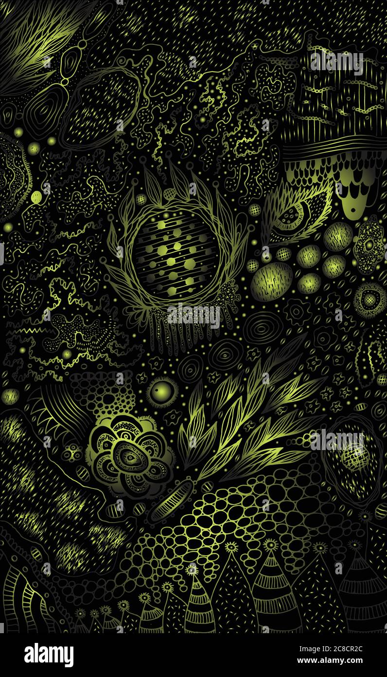 Golden on black - doodle pattern for background. Abstract psychedelic mystical sketch. Vector illustration Stock Vector