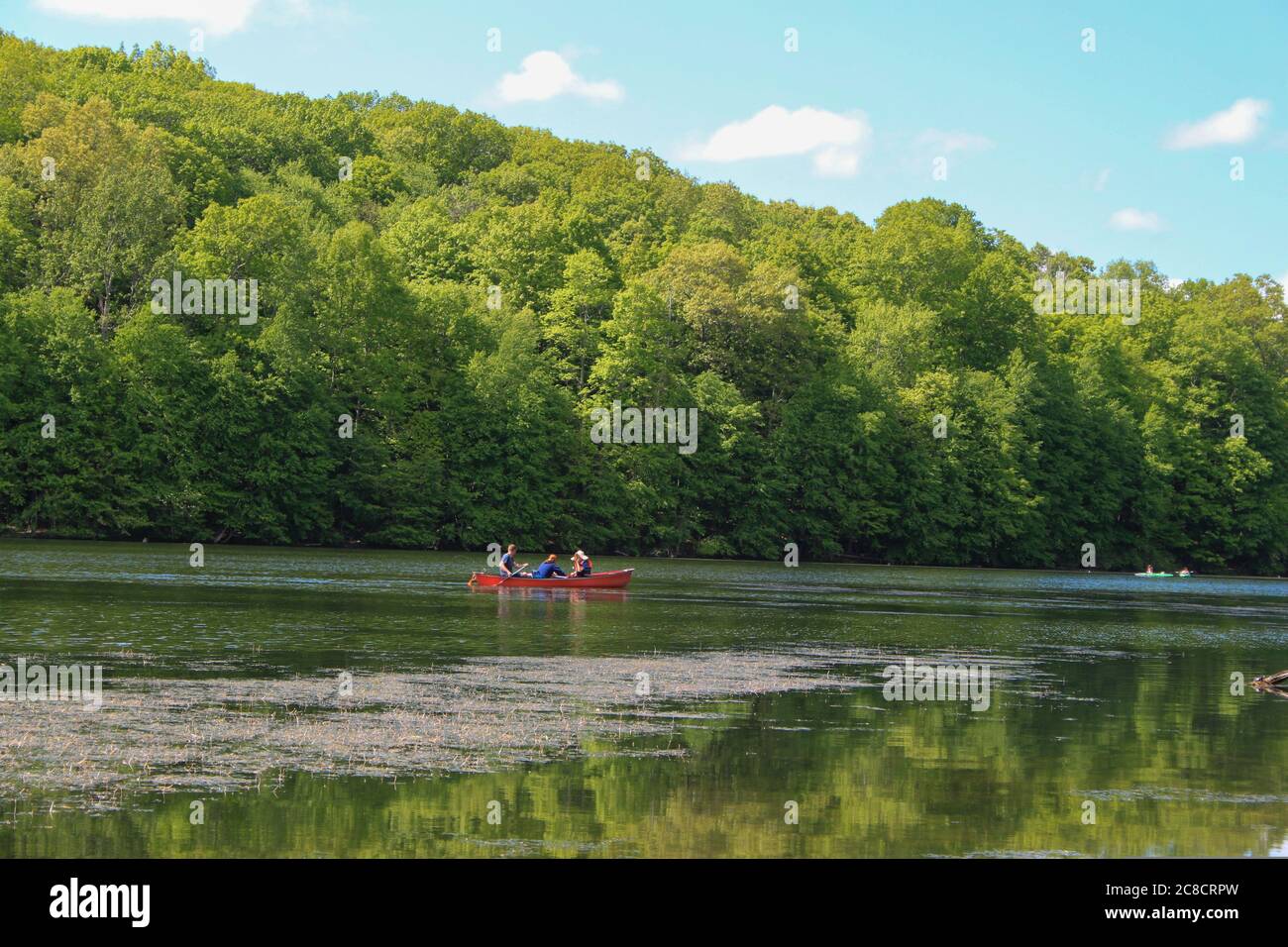 Canoes at Winding Hills Park, Diamond Lake in Montgomery NY Stock Photo