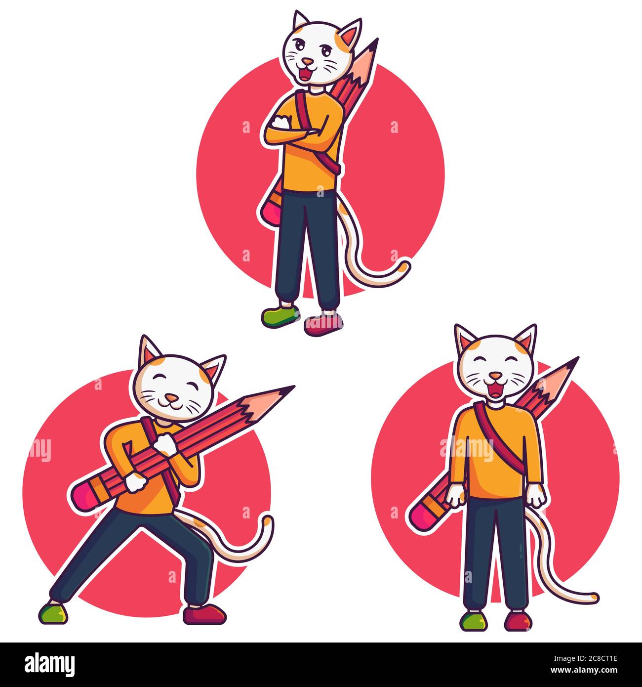 Cat With Pencil Vector Mascot Illustration Stock Vector