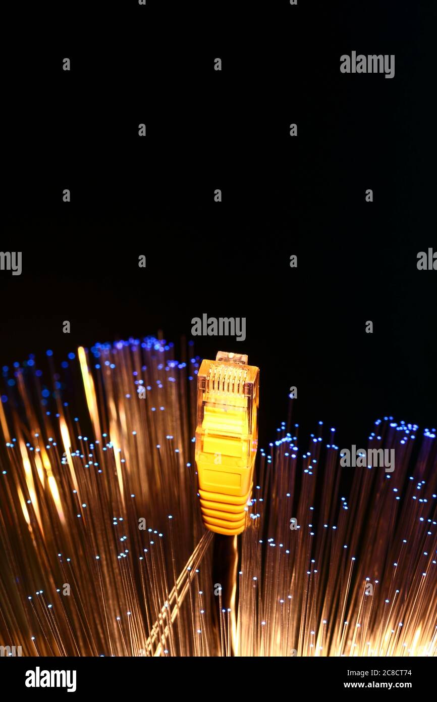 Fibre optic strands with a ethernet lan broadband cable, FTTP full fibre broadband concept Stock Photo