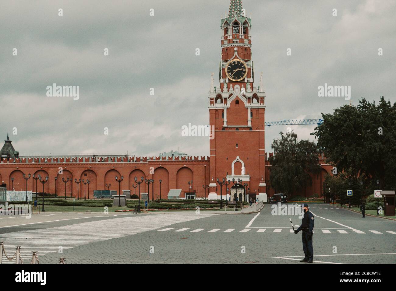 Spasskaya Tower and Federal Protective Service officer, Russia, Moscow Kremlin Stock Photo