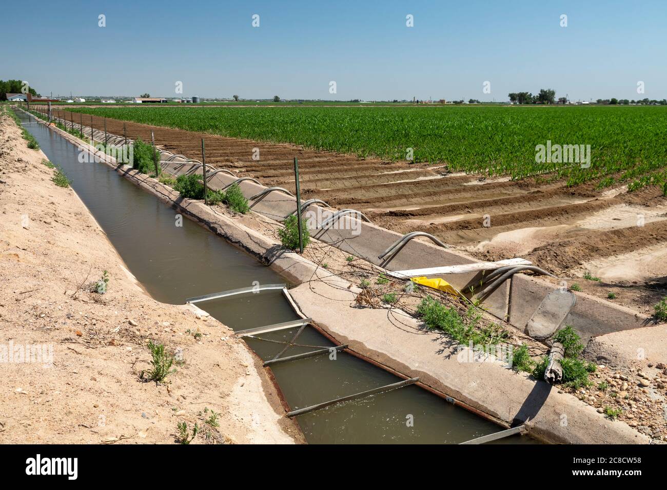 Kersey, Colorado - An irrigation ditch in eastern Colorado's Weld County. The area gets only 15 inches of rain per year, so water for irrigation is di Stock Photo
