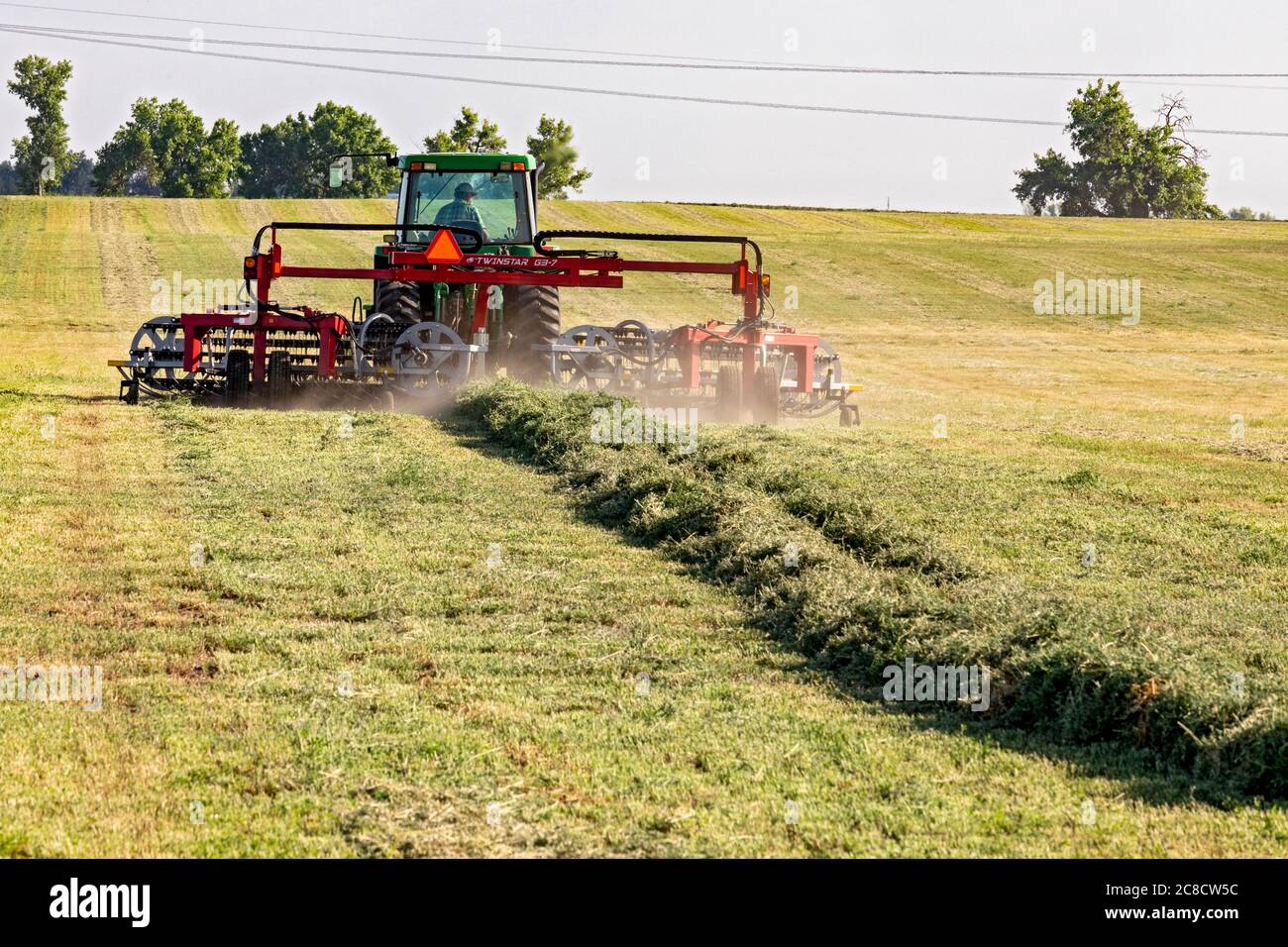 Hudson, Colorado - A farmer pulls a Twinstar G3 hay rake through a field in eastern Colorado. Stock Photo