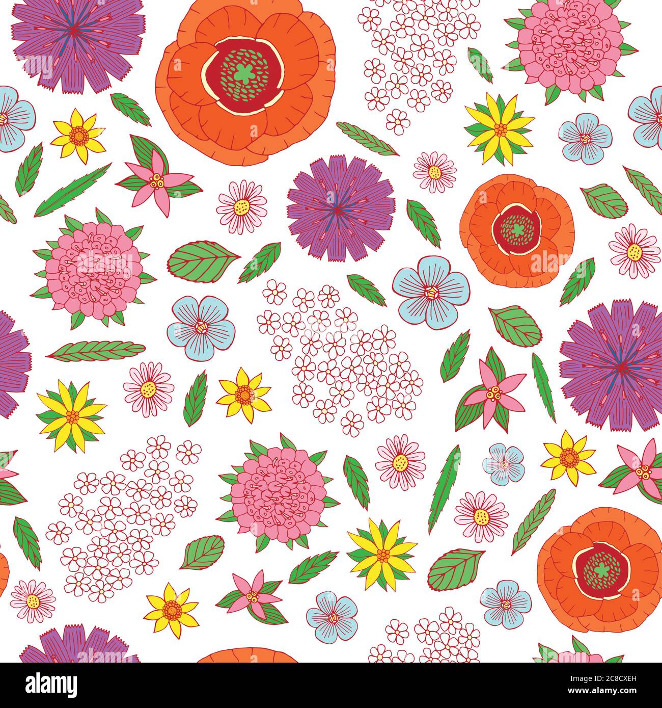 Field flowers on the white background - seamless pattern. Doodle cartoon floral endless background design. Vector illustration Stock Vector