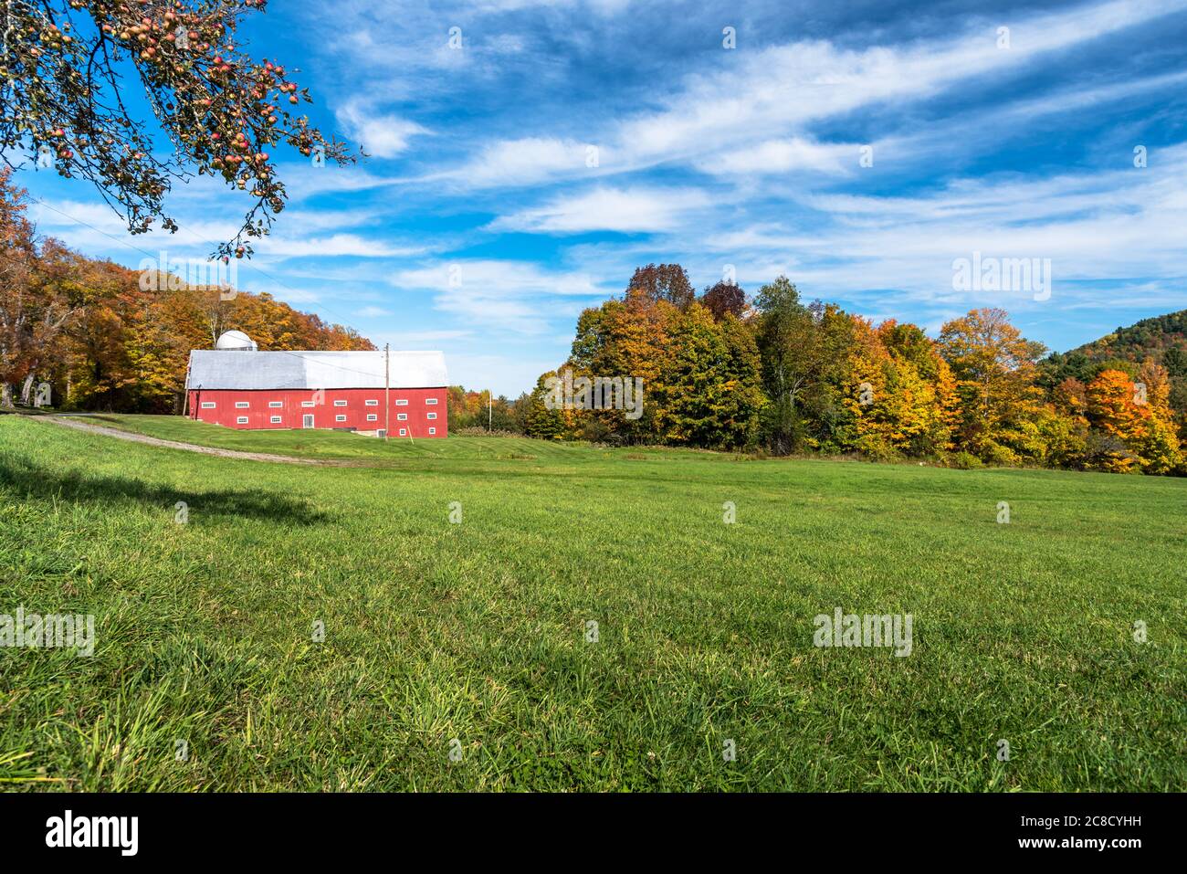 Rural scenery with a traditional red barn at the far end of field and trees at the peak of fall foliage in background on a clear autumn day Stock Photo