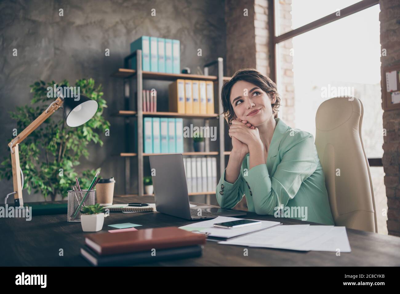 Profile Photo Of Pretty Business Lady Notebook Table Insurance Agent Home Remote Online Work Look Up Minded Lazy Worker Formalwear Blazer Sit Chair Stock Photo Alamy