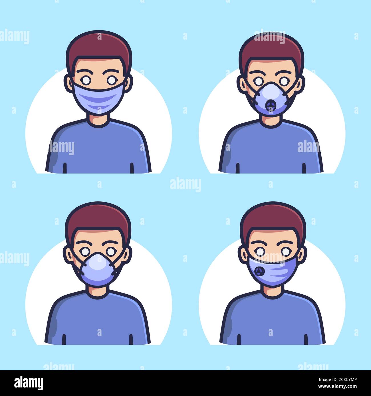 Vector Man In Different Types Of Face Masks. Flat Cartoon Style. Vector Illustration Stock Vector