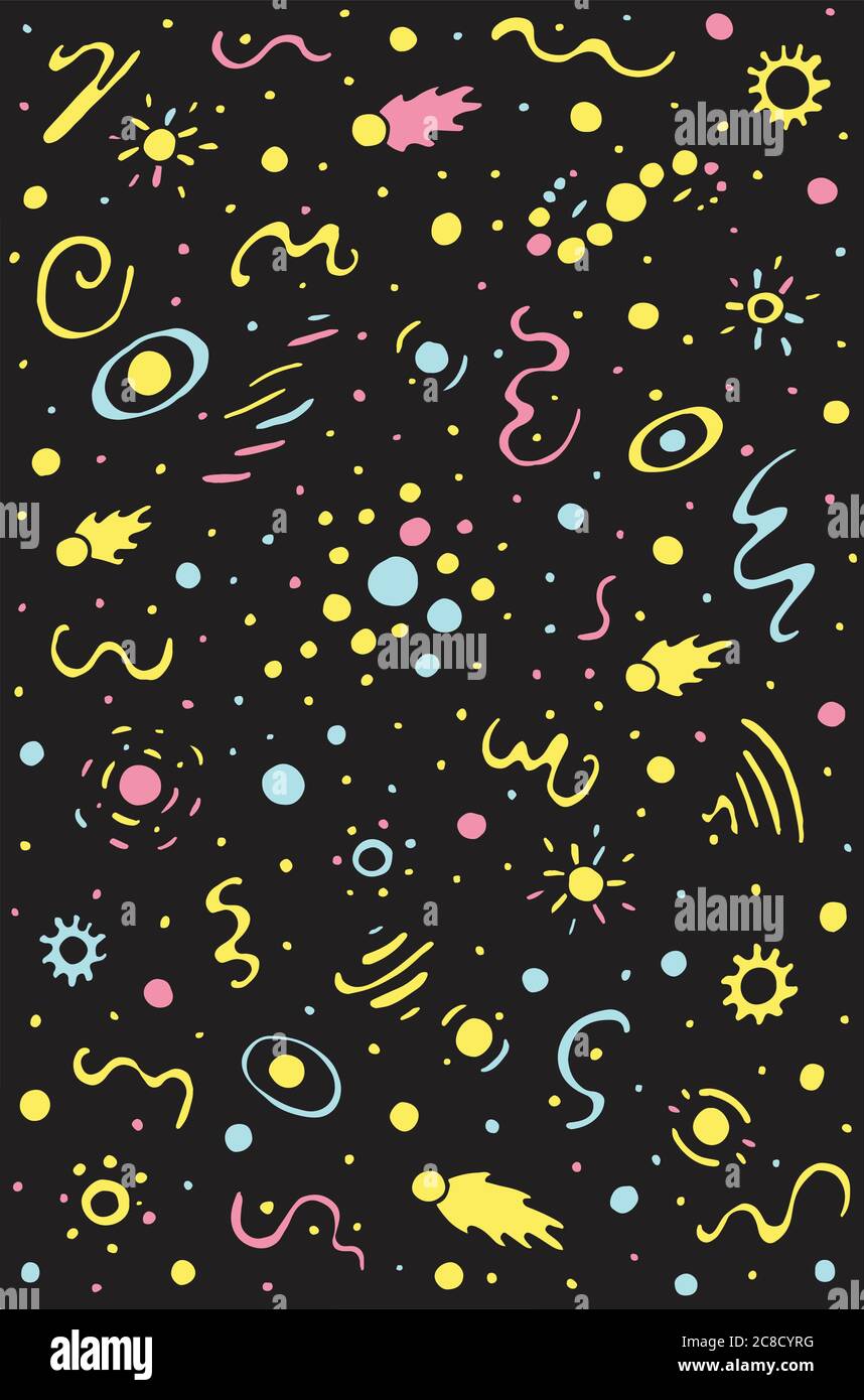 Cartoon colorful cosmic space background. Doodle hand drawn ink illustration. Vector artwork Stock Vector