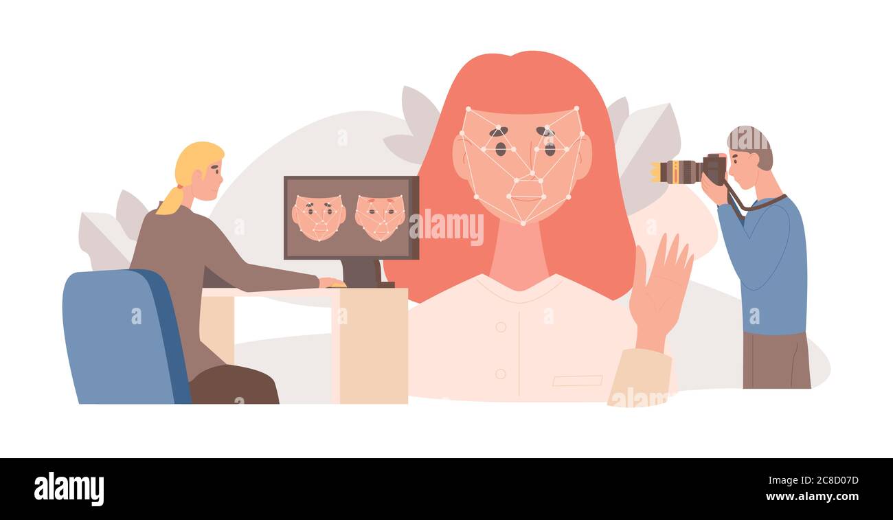 Face recognition, biometric identification system flat vector illustration. Man with photo camera taking a picture, woman uploading photos to computer. Cyber protection, identity detection concept. Stock Vector