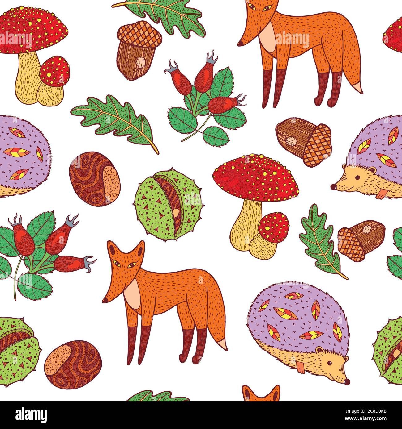 Autumn forest - animals and plants. Doodle hand drawn seamless pattern ...
