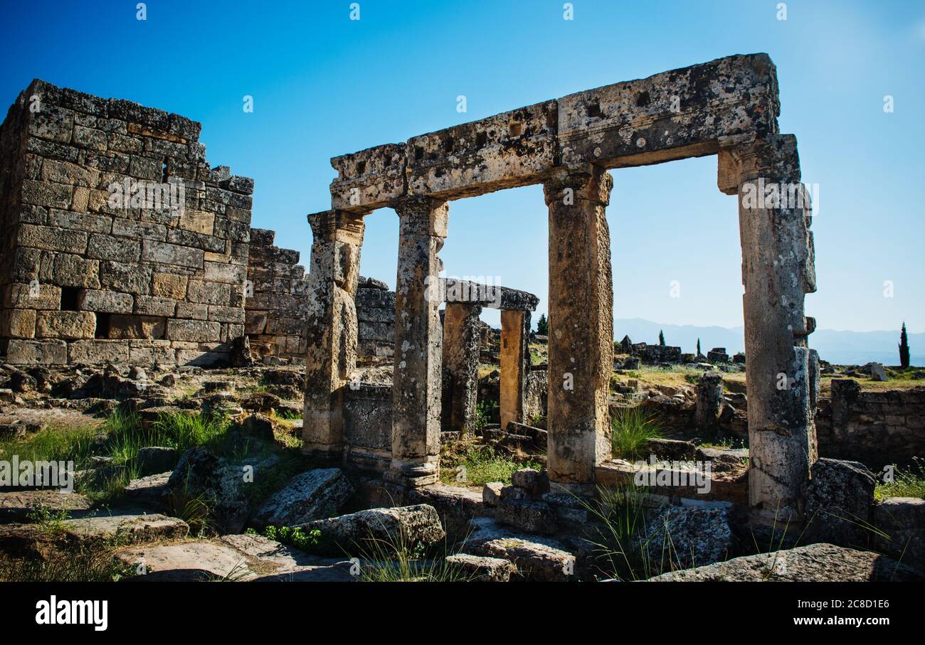 ancient Roman ruins in Pamukkale, Denizli, Turkey Stock Photo