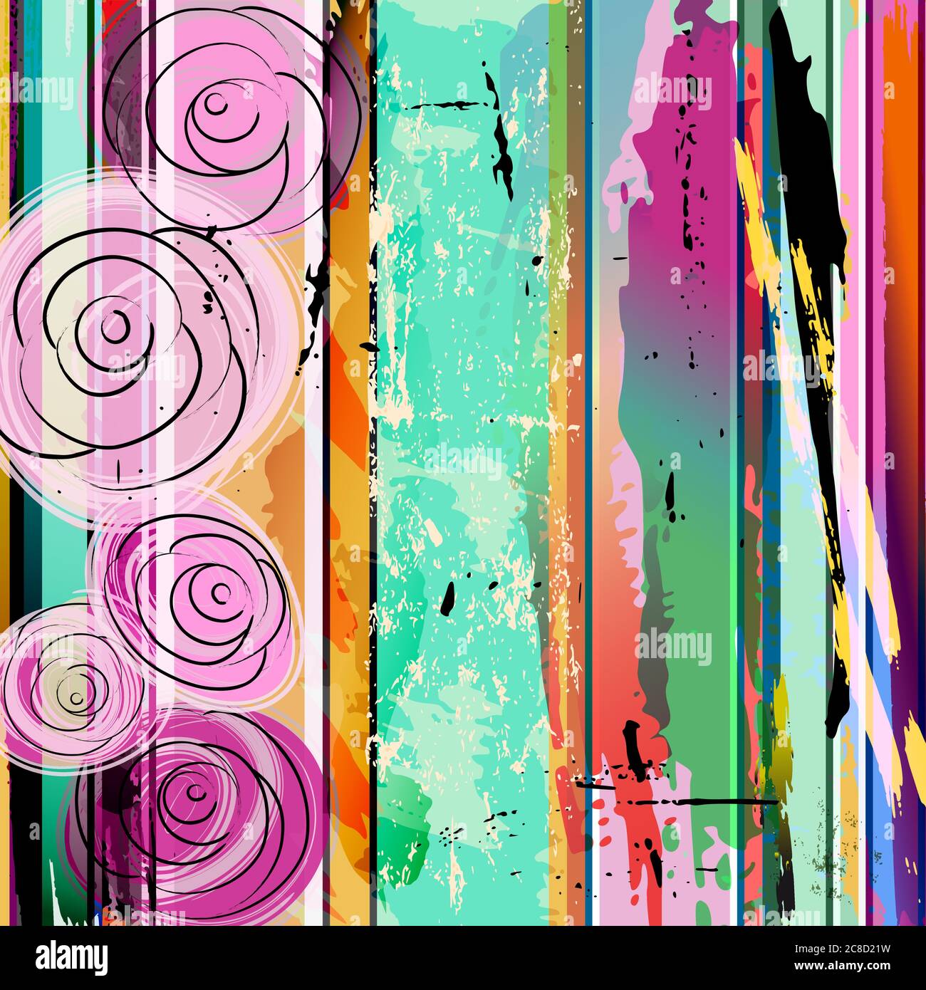 abstract background composition with roses, strokes, splashes and geometric lines Stock Vector