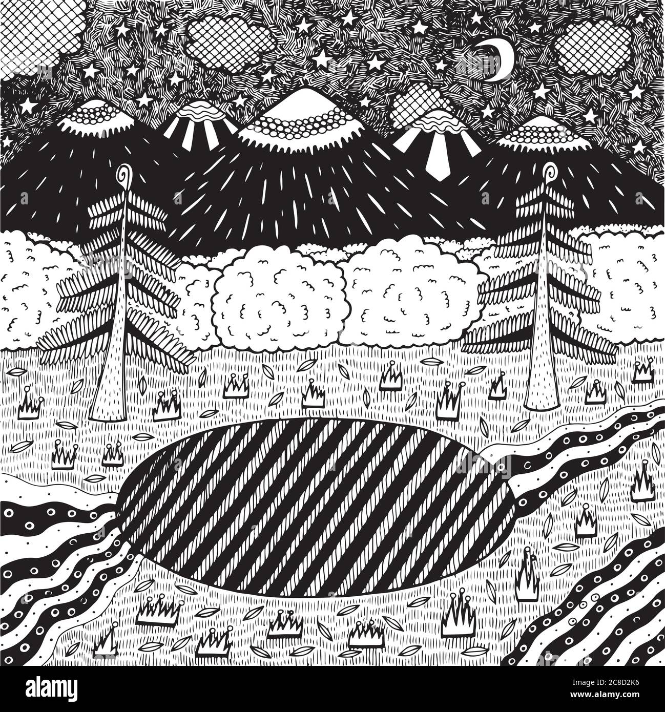 Night landscape with night forest, lake, trees, mountains, river. Hand drawn ink illustration. Coloring page for adults. Vector artwork Stock Vector