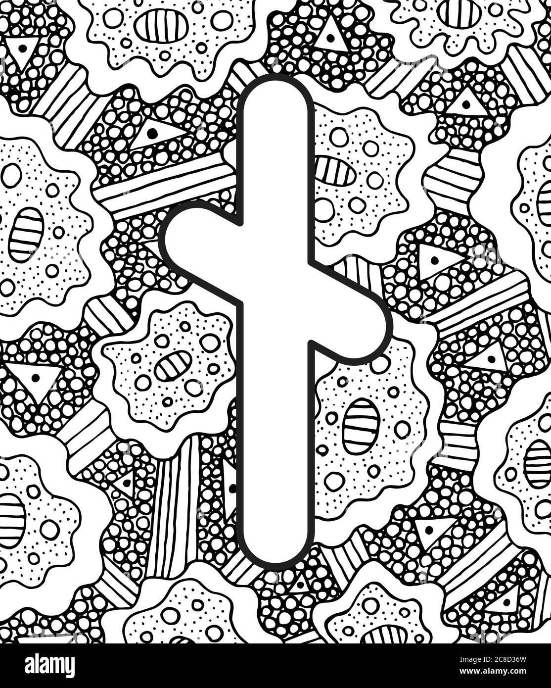 Ancient scandinavic rune nyedis with doodle ornament background. Coloring page for adults. Psychedelic fantastic mystical artwork. Vector illustration Stock Vector