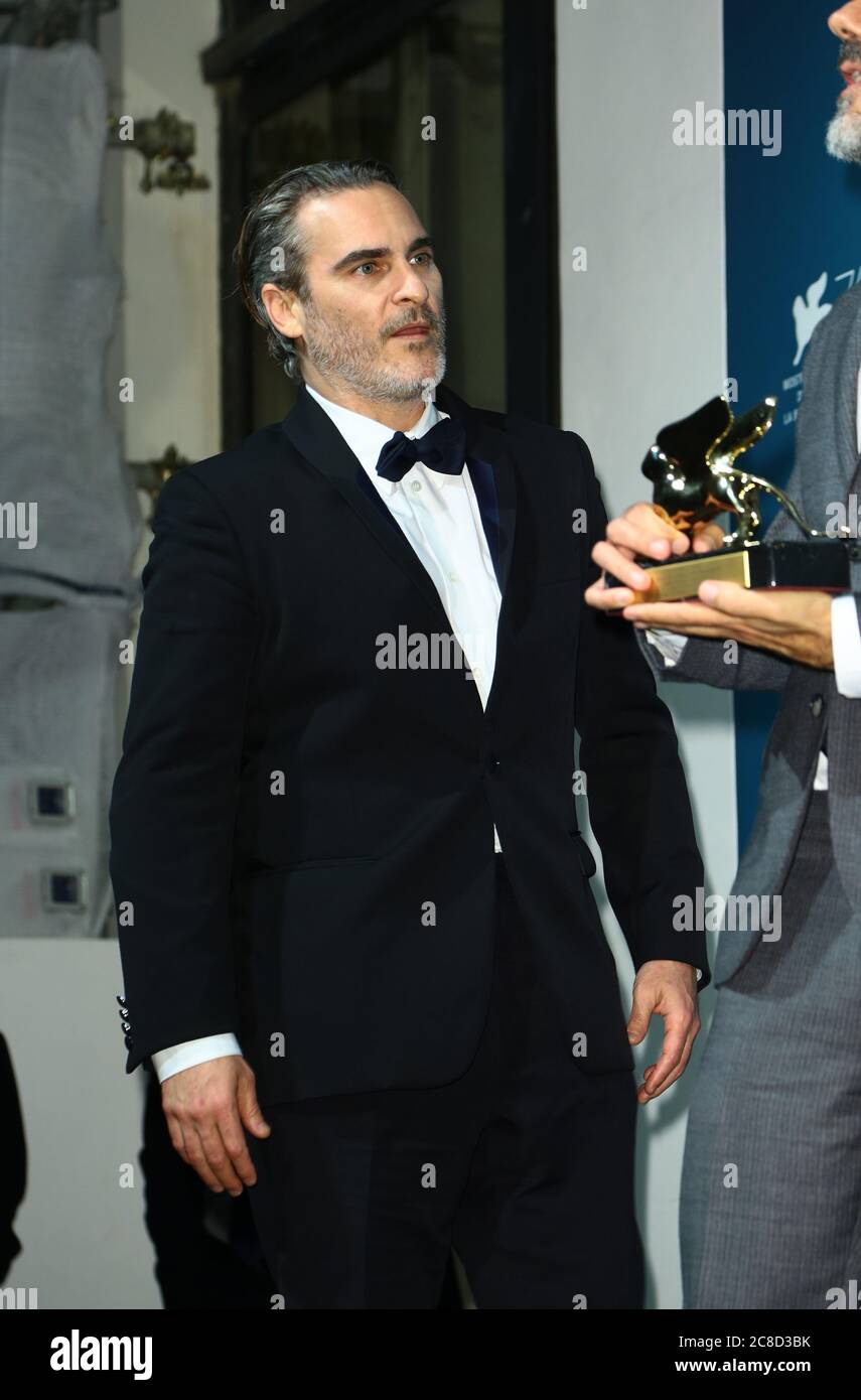 VENICE, ITALY - SEPTEMBER 07: Joaquin Phoenix pose with the Golden Lion ...
