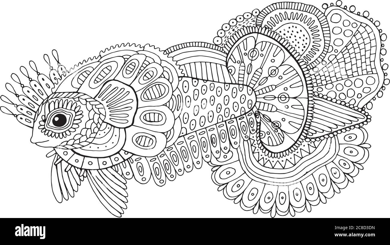 Doodle surreal fish. Cartoon hand drawn ink artwork. Coloring page for adults. Vector illustration Stock Vector