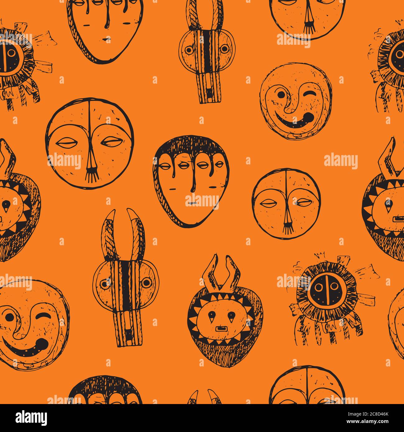 Seamless pattern with african masks. Doodle ink drawing. Backdrop hand drawn design. Vector illustration Stock Vector