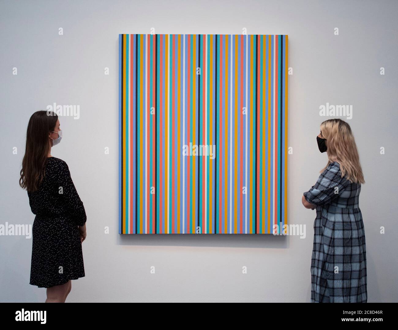 Sotheby’s, London, UK. 23 July 2020. Preview of Sotheby’s one-off auction and exhibition spanning half a millenium of art history from Rembrandt to Richter at a socially-distanced photocall. Image: Bridget Riley, Cool Edge, 1982, estimate £800,000-1.2 million. From the collection of British Airways, this is one of the finest examples of the artist’s stripe paintings from the 1980s, bearing the hallmark hues of the artist’s ‘Egyptian palette’ – colours based on ancient Egyptian tomb paintings and local landscapes. Credit: Malcolm Park/Alamy Live News Stock Photo