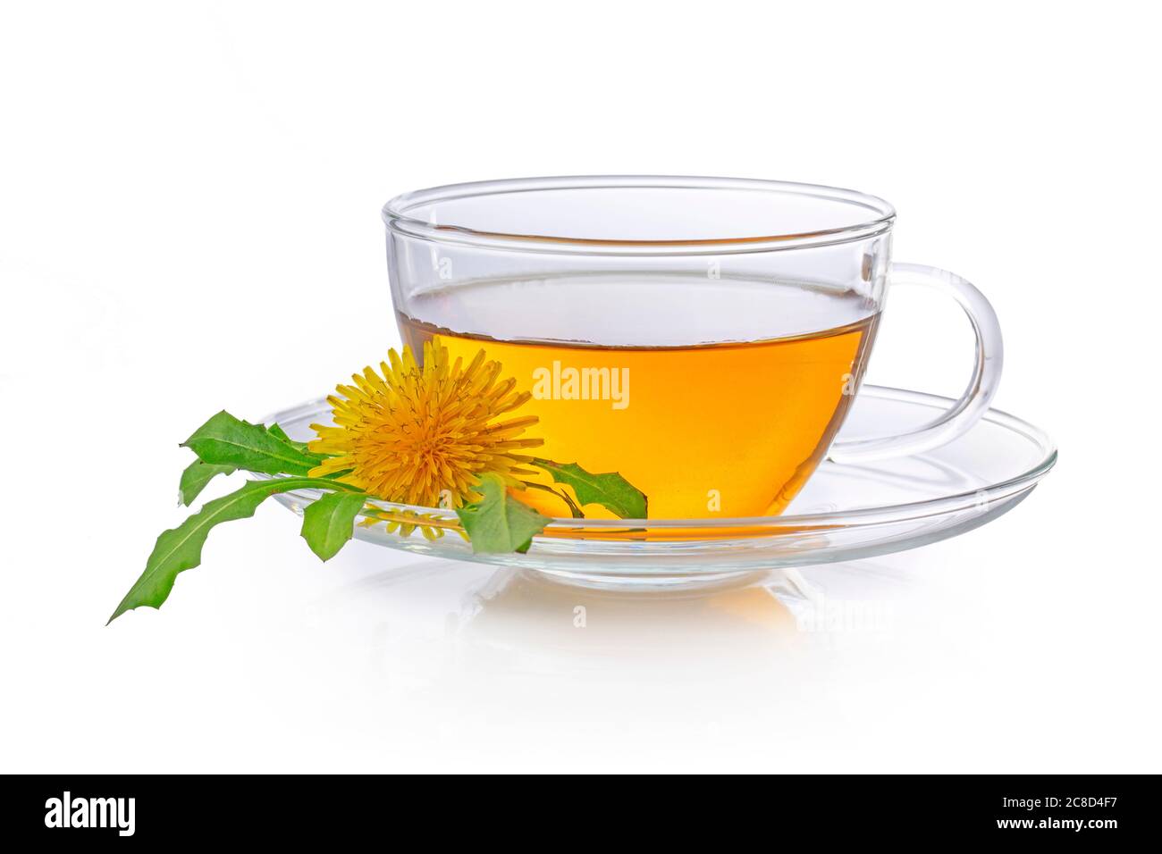 Dandelion tea in a transparent cup with dandelion flower and leaves on white background Stock Photo