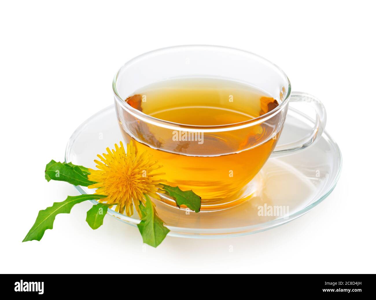Dandelion tea in a transparent cup with dandelion flower and leaves on white background Stock Photo