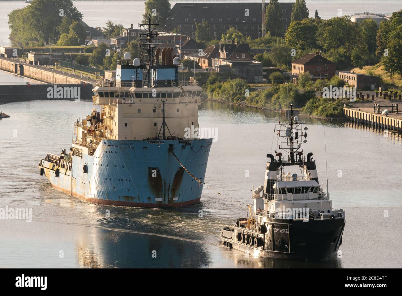 Anchor Handling Tug Centaurus towing another AHTS (Advancer, former MAersk Advancer), Kiel Canal westbound. Stock Photo