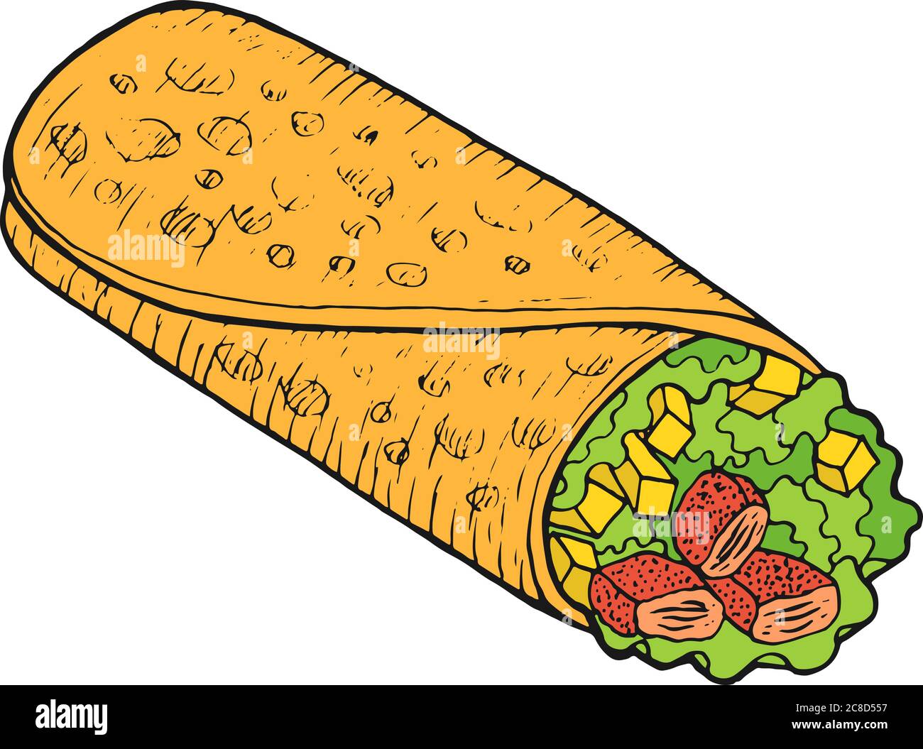 Mexican food burrito colorful sketch. Ink artwork. Graphic doodle